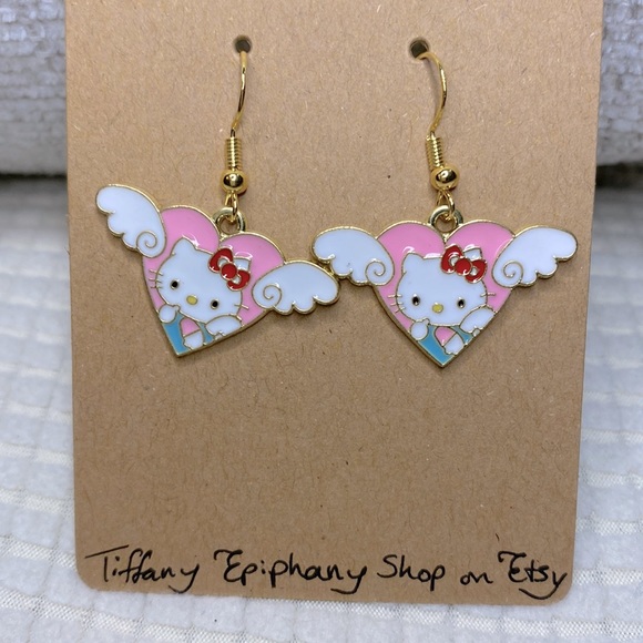 Hello Kitty Inspired Winged Heart Hello Kitty Earrings NWT - Picture 3 of 3